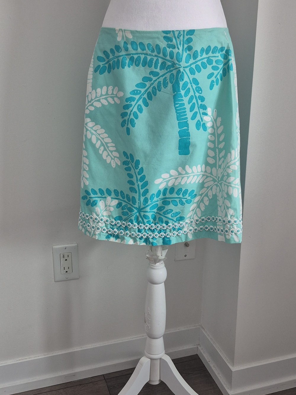 Vintage Lilly Pulitzer Turquoise & White Palm-Print Cotton Mini Skirt Size 10